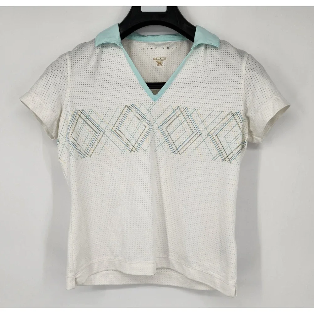 Nike Golf V-Neck S/S Polo Shirt Women's Small White with‎ Argyle Print Dri-Fit